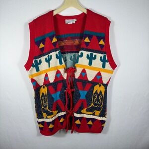 Sweater Loft Vintage Southwestern Vest Red Cactus Cowboy Boots Cotton Medium